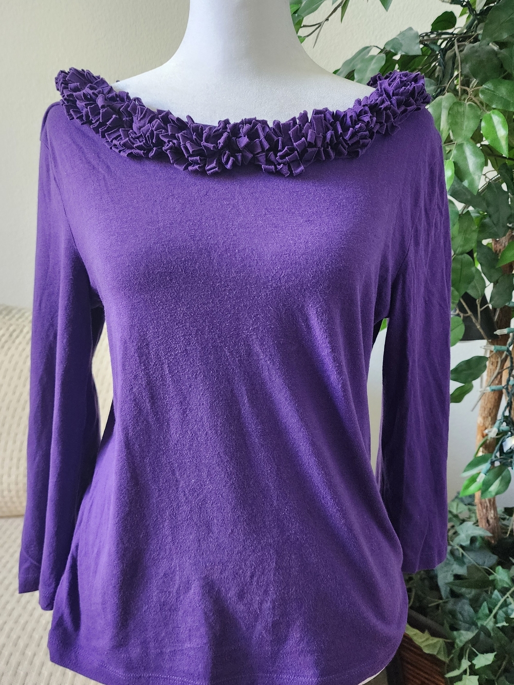 Jones New York Purple Ruffle Neckline Top